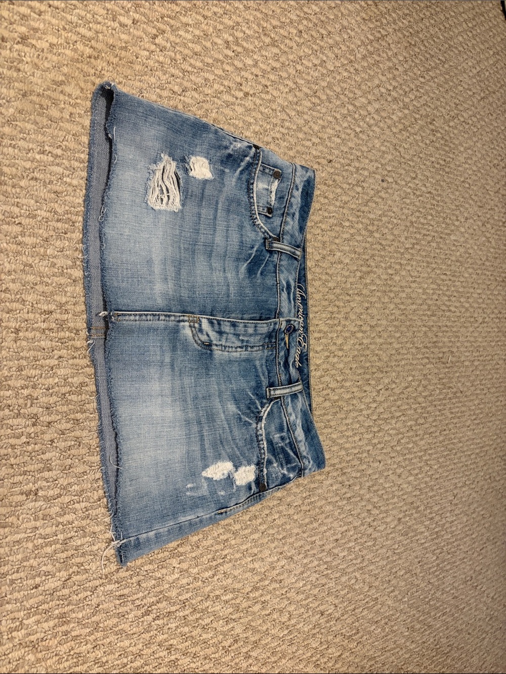 American Eagle Outfitters Distressed Light Blue Denim Mini Skirt